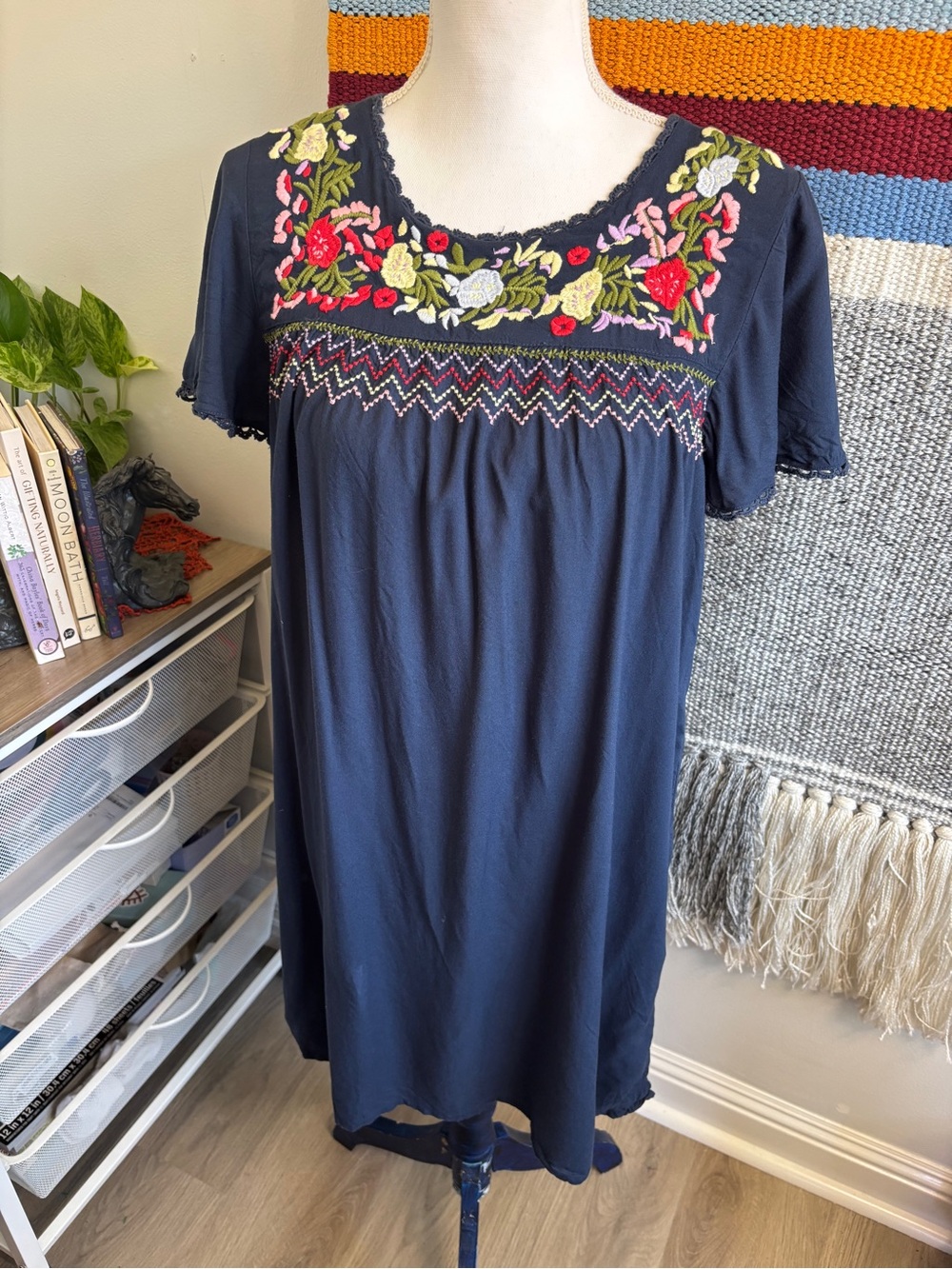 ModCloth Navy Embroidered Floral Mini Boho Dress